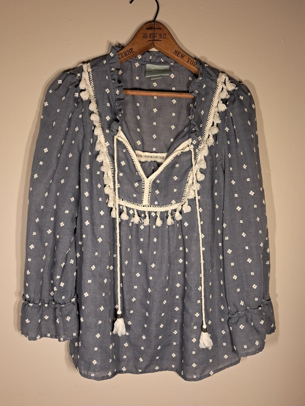 Anthro Maeve Blue Embroidered Fringe Coastal Boho Top